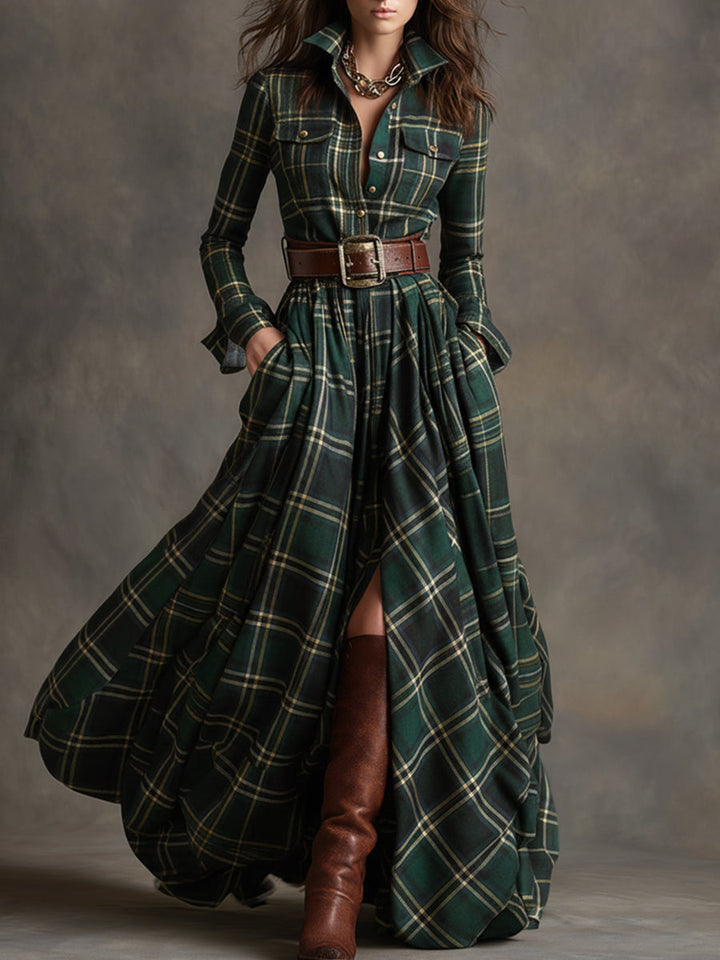 Violet | Women's Plaid Belted Maxi Shirt Dress