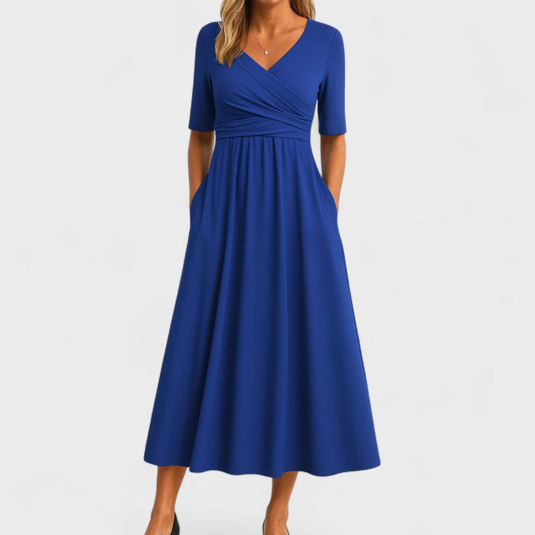 Eleanor | Women's Wrap Bodice Elbow Sleeve Midi Dress with Pockets