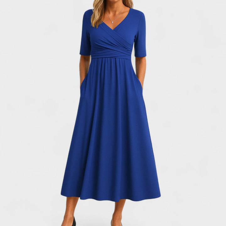 Eleanor | Women's Wrap Bodice Elbow Sleeve Midi Dress with Pockets