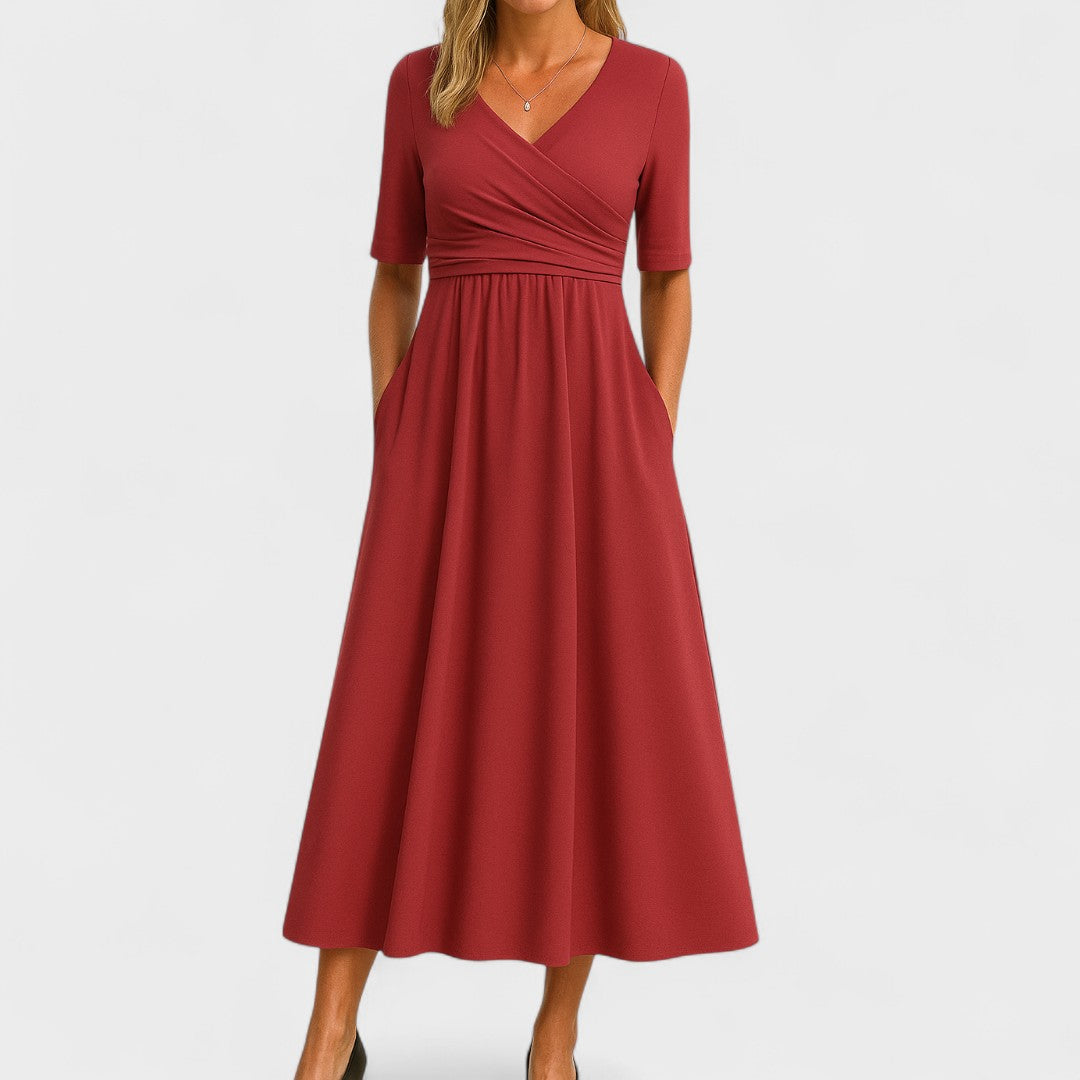 Eleanor | Women's Wrap Bodice Elbow Sleeve Midi Dress with Pockets
