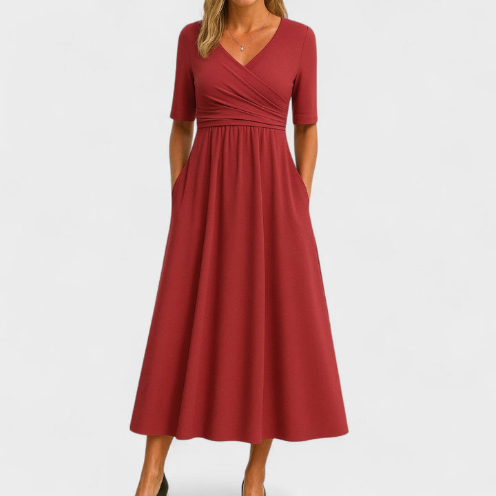 Eleanor | Women's Wrap Bodice Elbow Sleeve Midi Dress with Pockets