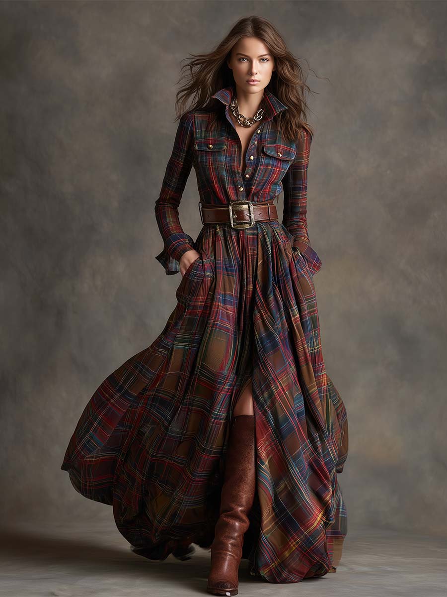 Violet | Women's Plaid Belted Maxi Shirt Dress