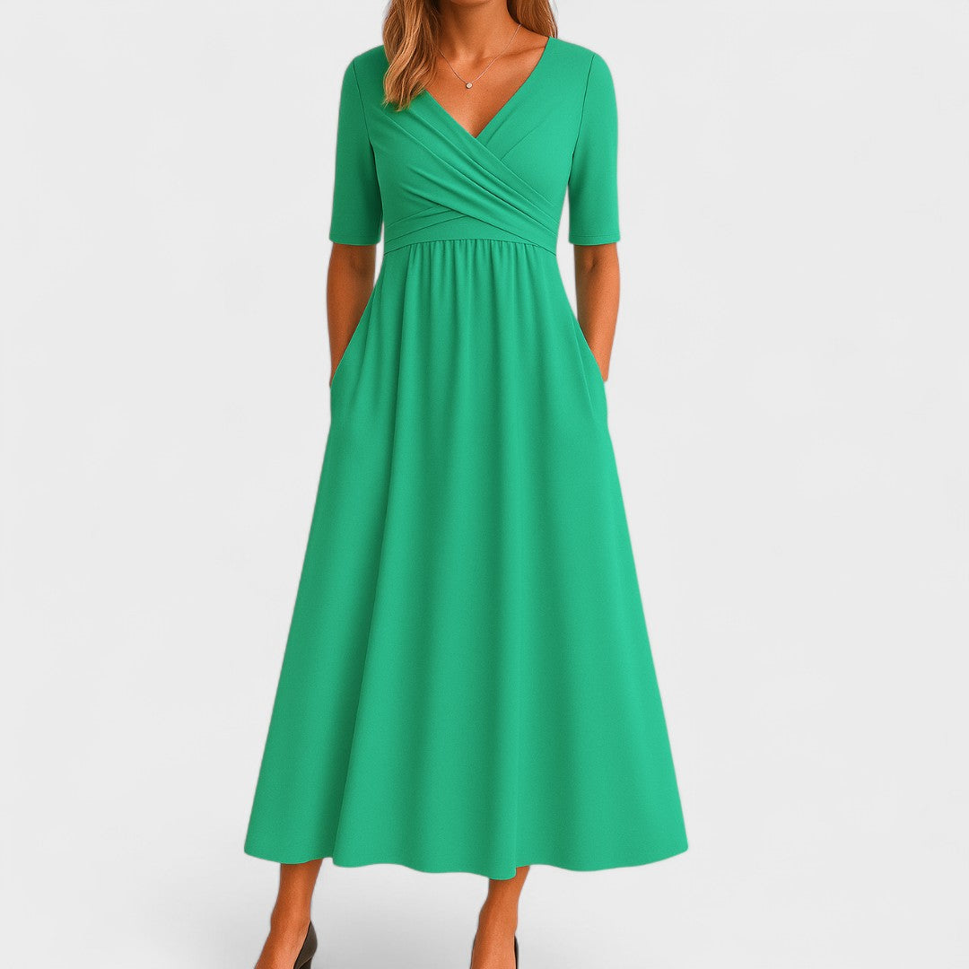 Eleanor | Women's Wrap Bodice Elbow Sleeve Midi Dress with Pockets