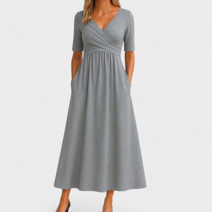 Eleanor | Women's Wrap Bodice Elbow Sleeve Midi Dress with Pockets