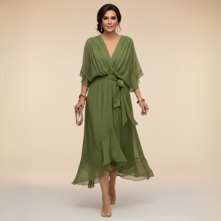 Monica | Women's Wrap V-Neck Flowing Midi Dress