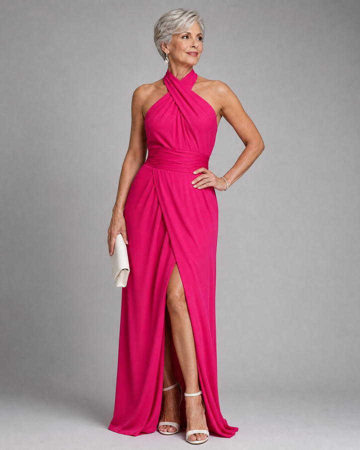 Vaelora | Women's Cross Halter Draped Side Slit Midi Dress