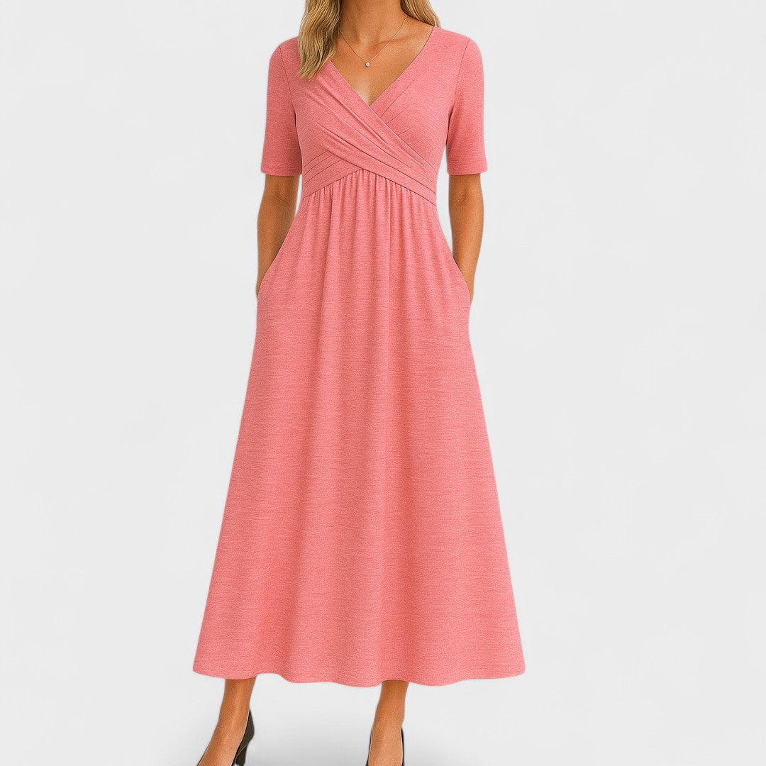 Eleanor | Women's Wrap Bodice Elbow Sleeve Midi Dress with Pockets