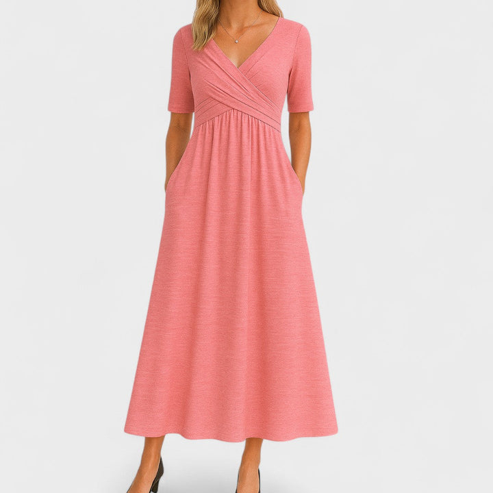Eleanor | Women's Wrap Bodice Elbow Sleeve Midi Dress with Pockets