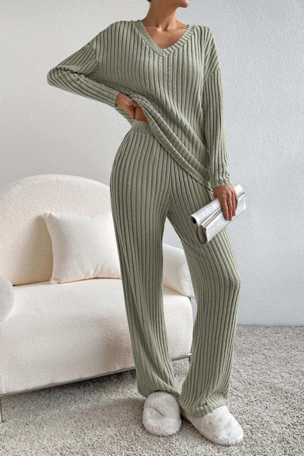 Lyra | Women's Ribbed V-Neck Top and Pants Set