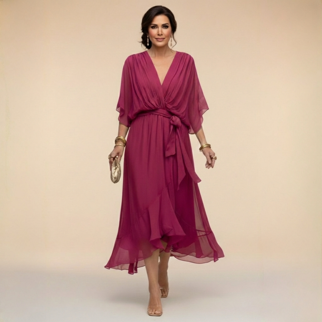 Monica | Women's Wrap V-Neck Flowing Midi Dress