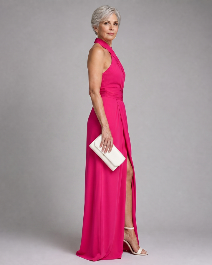 Vaelora | Women's Cross Halter Draped Side Slit Midi Dress