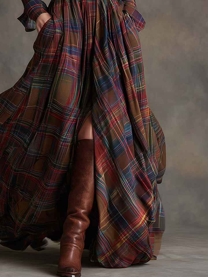 Violet | Women's Plaid Belted Maxi Shirt Dress