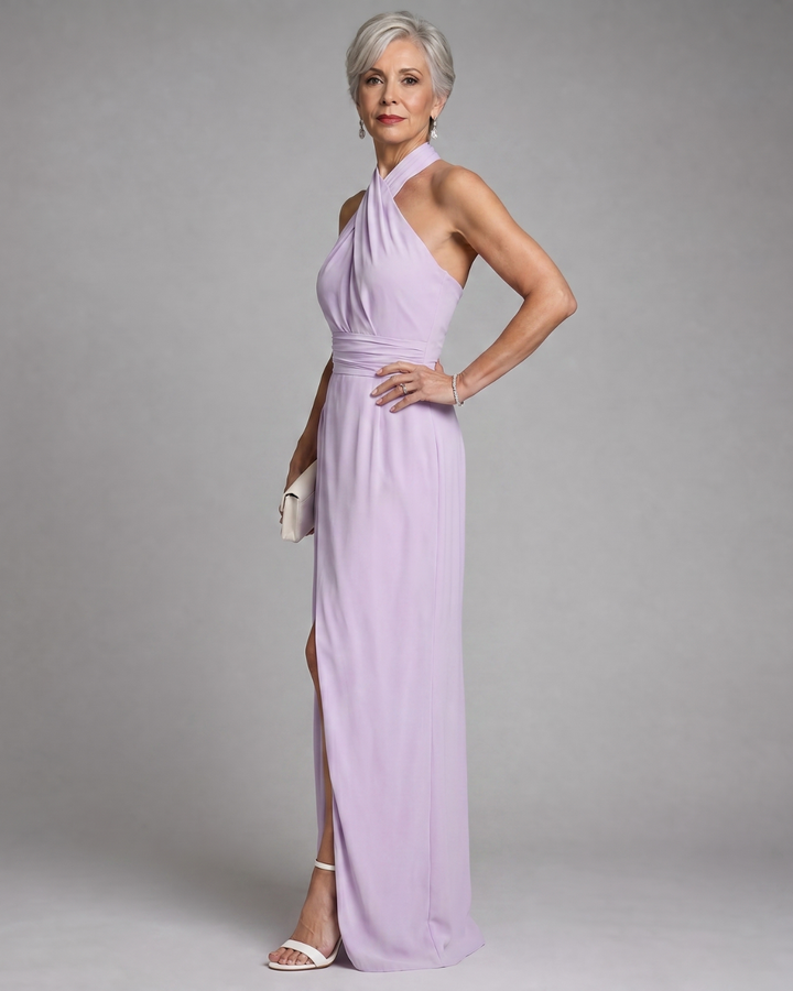 Vaelora | Women's Cross Halter Draped Side Slit Midi Dress