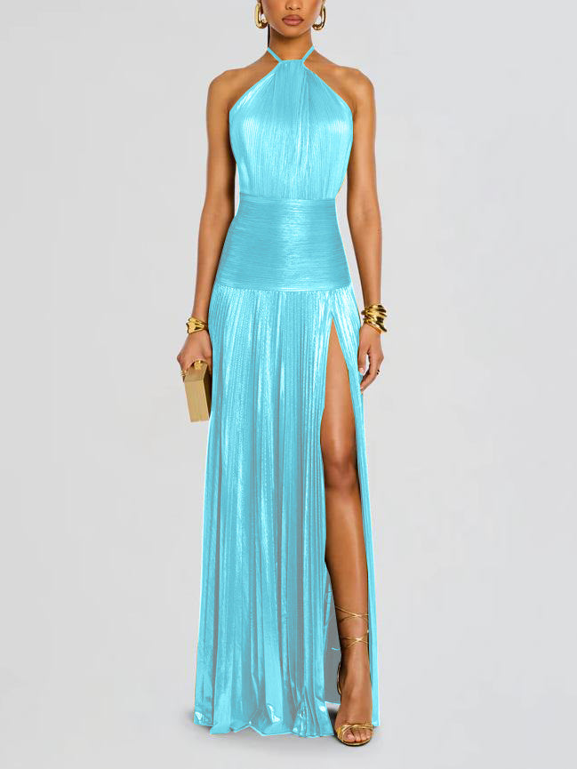 Vera | Women's Metallic Pleated Halter Gown