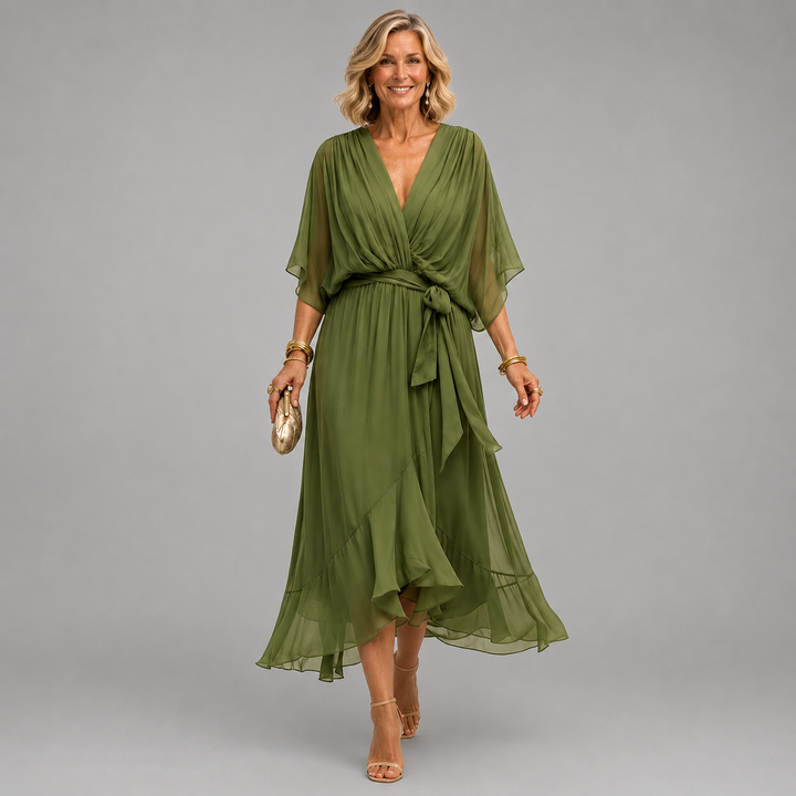 Monica | Women's Wrap V-Neck Flowing Midi Dress