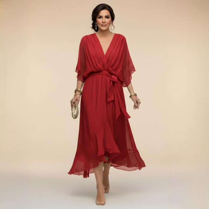 Monica | Women's Wrap V-Neck Flowing Midi Dress
