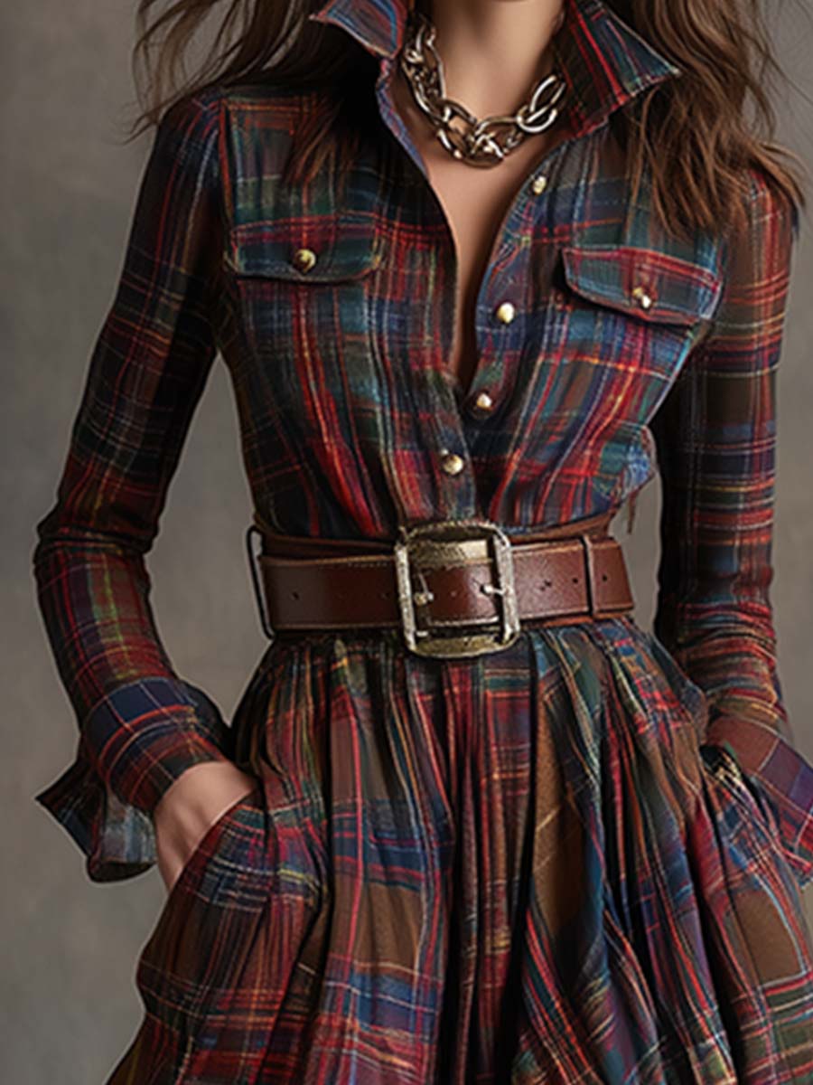 Violet | Women's Plaid Belted Maxi Shirt Dress