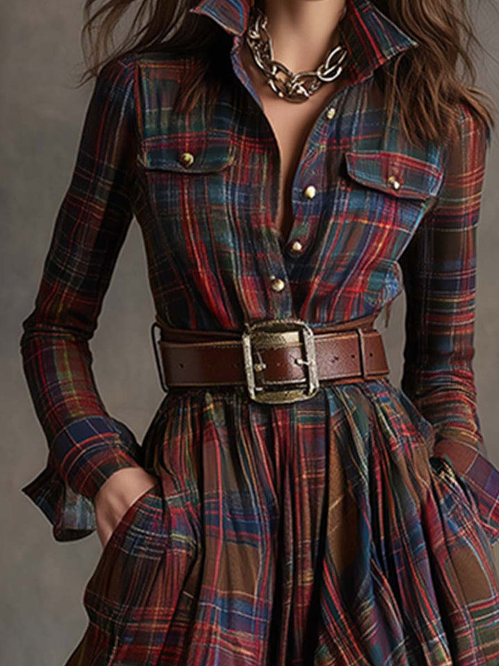 Violet | Women's Plaid Belted Maxi Shirt Dress