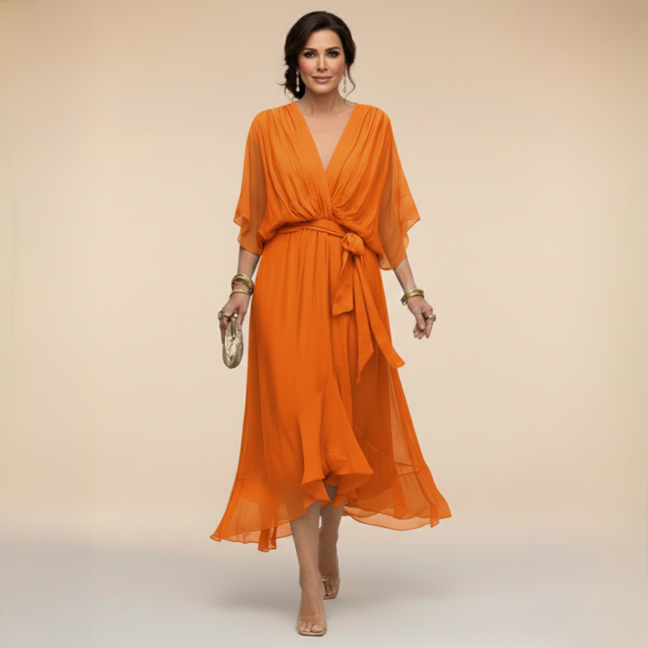 Monica | Women's Wrap V-Neck Flowing Midi Dress