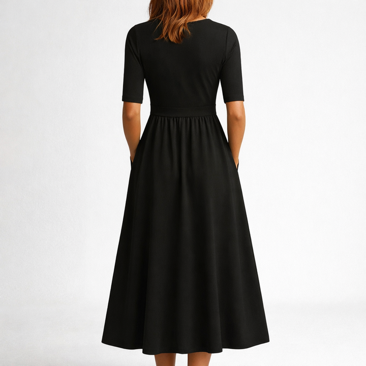 Eleanor | Women's Wrap Bodice Elbow Sleeve Midi Dress with Pockets
