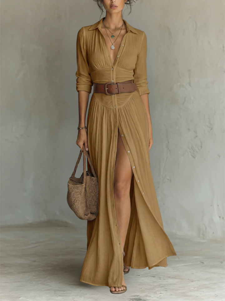 Clara | Women's Notched Collar Long Sleeve Button-Front Maxi Dress