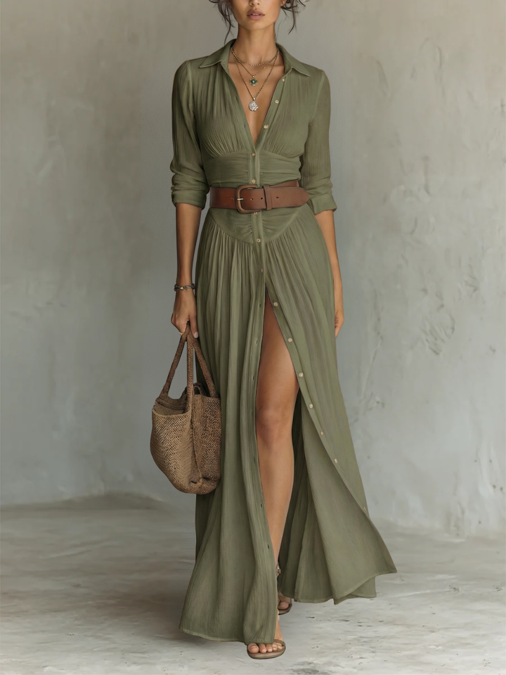 Clara | Women's Notched Collar Long Sleeve Button-Front Maxi Dress