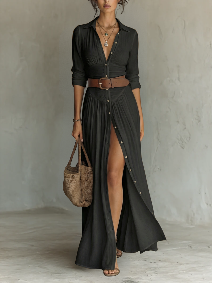 Clara | Women's Notched Collar Long Sleeve Button-Front Maxi Dress