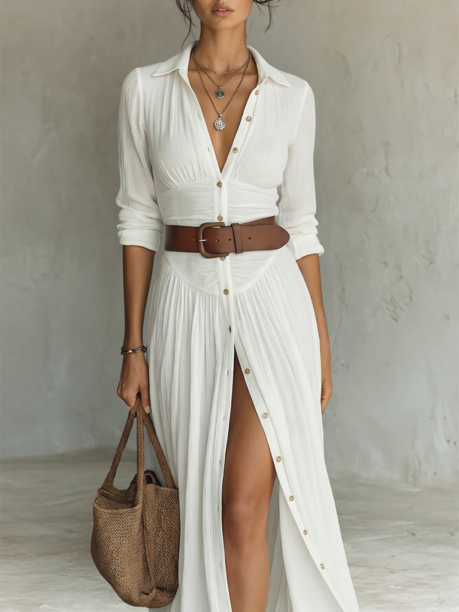 Clara | Women's Notched Collar Long Sleeve Button-Front Maxi Dress