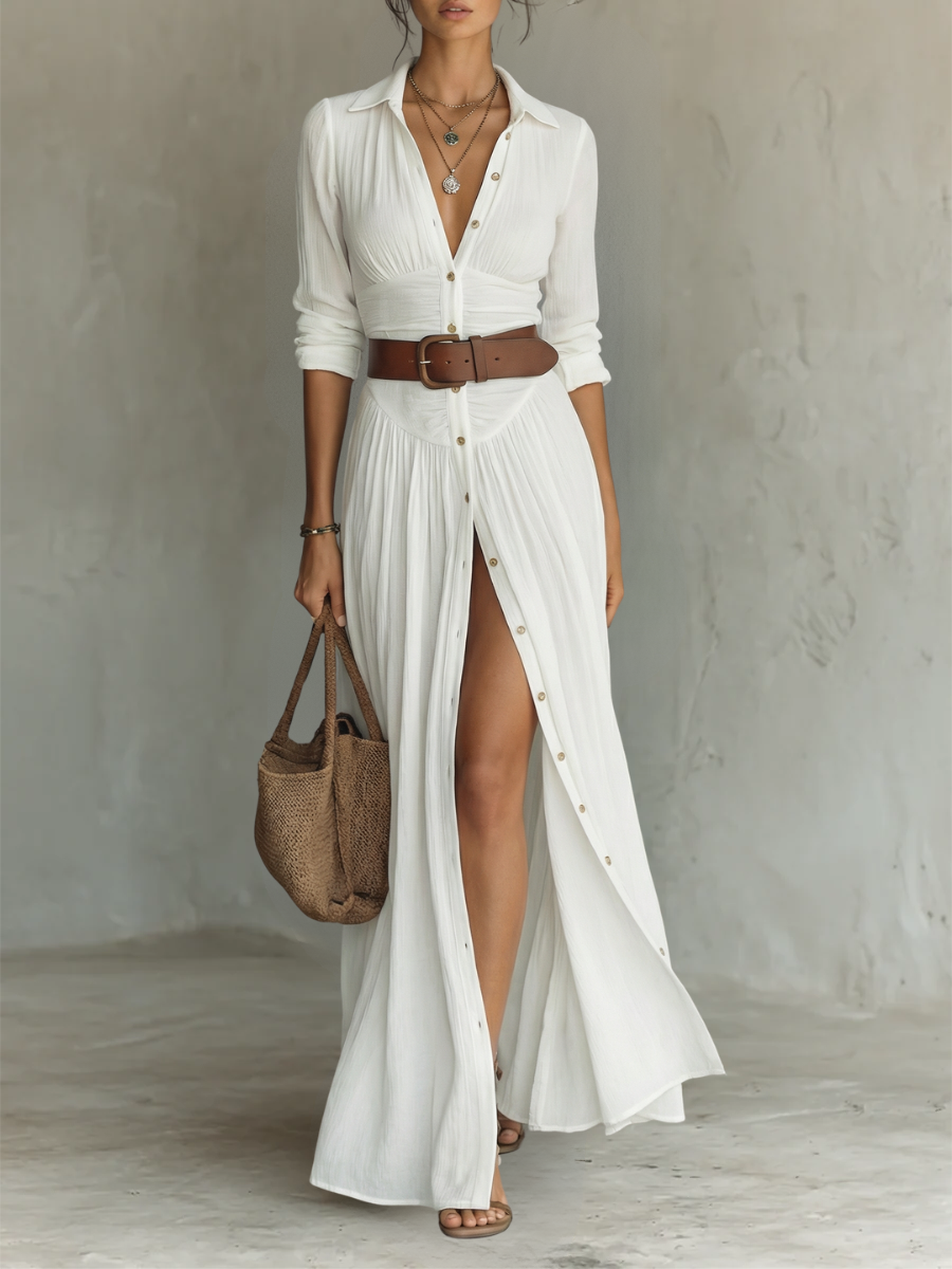 Clara | Women's Notched Collar Long Sleeve Button-Front Maxi Dress