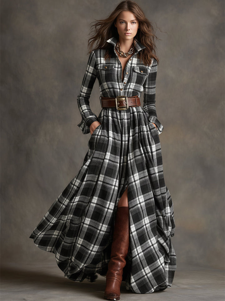 Violet | Women's Plaid Belted Maxi Shirt Dress
