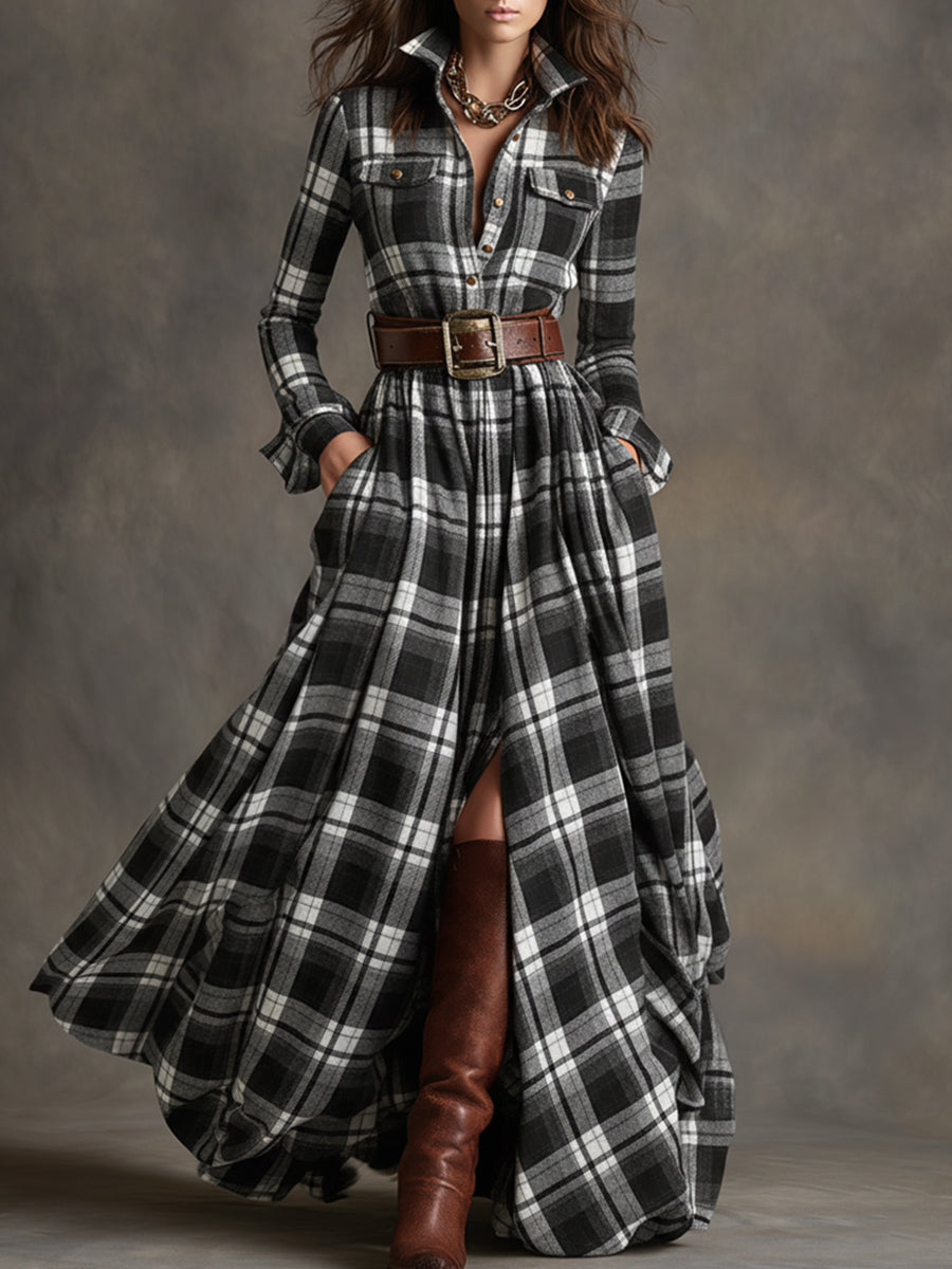 Violet | Women's Plaid Belted Maxi Shirt Dress