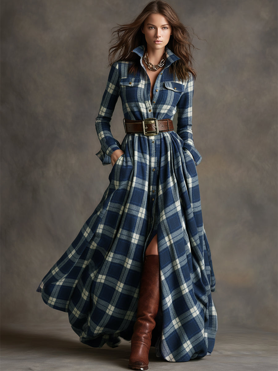 Violet | Women's Plaid Belted Maxi Shirt Dress