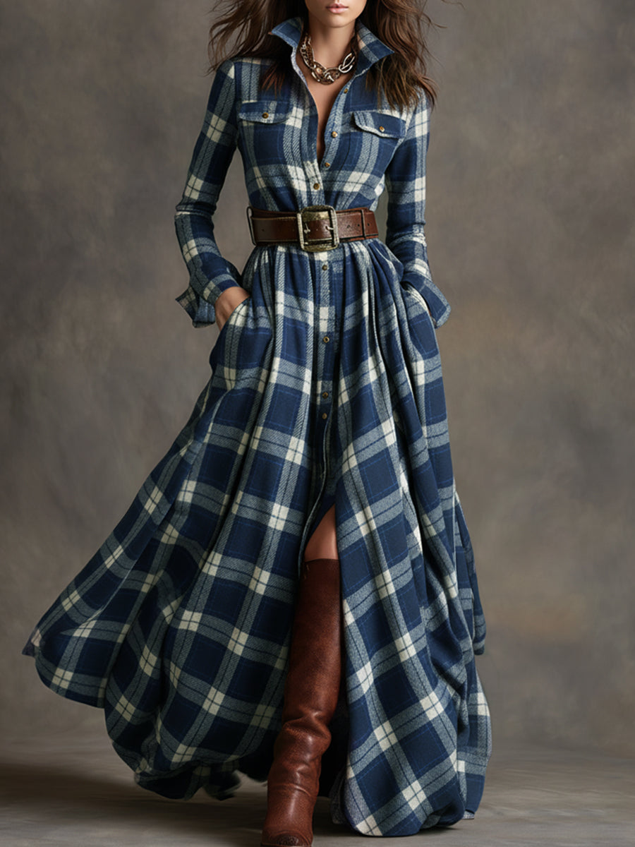 Violet | Women's Plaid Belted Maxi Shirt Dress