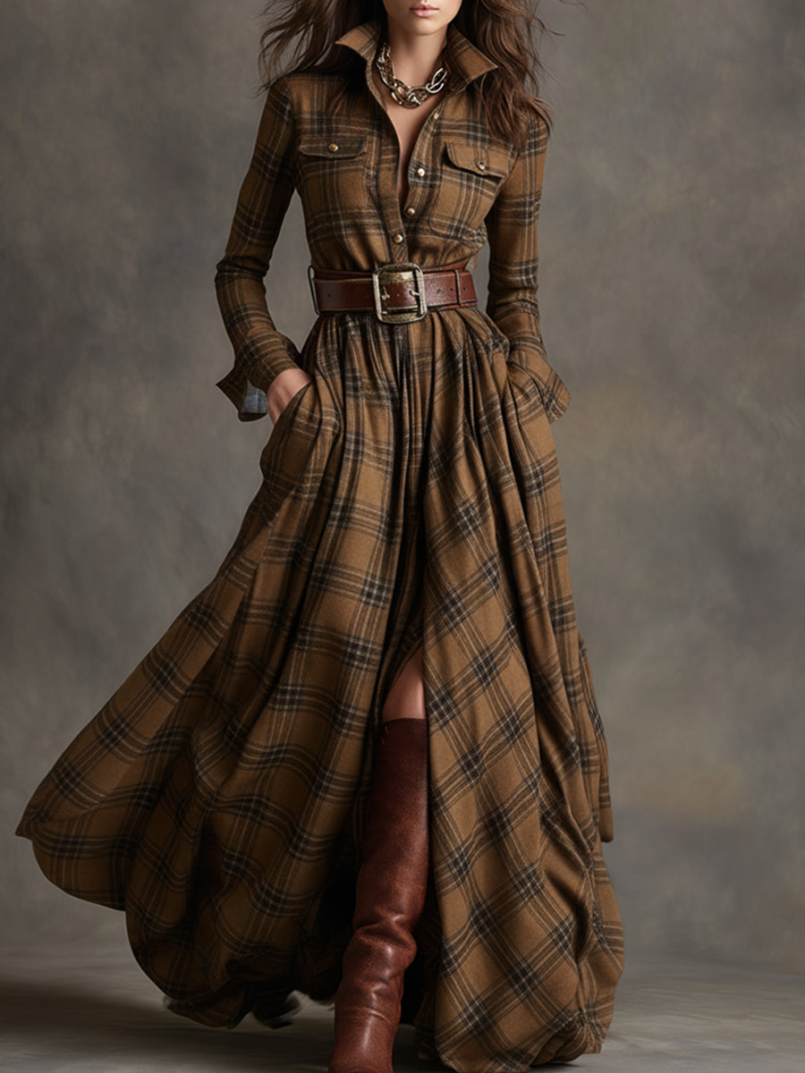 Violet | Women's Plaid Belted Maxi Shirt Dress