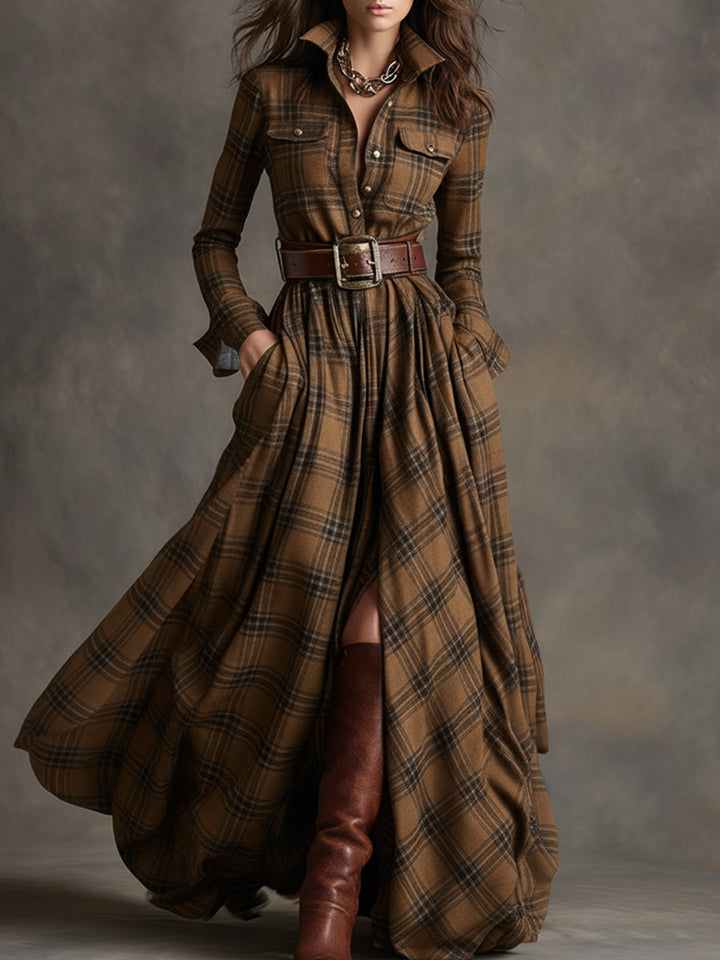 Violet | Women's Plaid Belted Maxi Shirt Dress