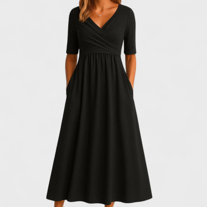 Eleanor | Women's Wrap Bodice Elbow Sleeve Midi Dress with Pockets