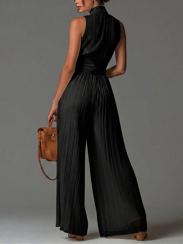 Eva | Women's Deep V-Neck Sleeveless Pleated Wide-Leg Jumpsuit