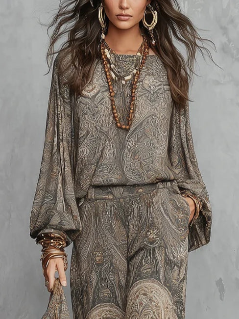 Camila | Women's Lantern-Sleeve Paisley Wide-Leg Two-Piece Set