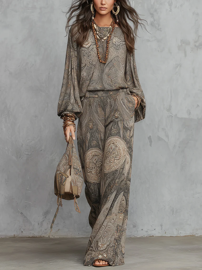 Camila | Women's Lantern-Sleeve Paisley Wide-Leg Two-Piece Set