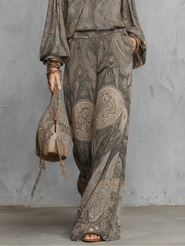 Camila | Women's Lantern-Sleeve Paisley Wide-Leg Two-Piece Set