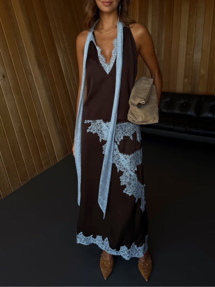 Avalon | Women's Lace Panel Top and Skirt Set