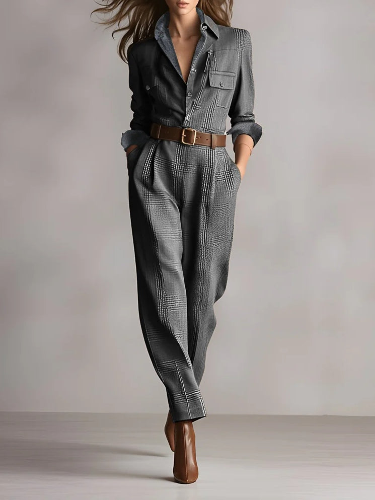 Mirabelle | Women's Tweed Check Belted Jumpsuit
