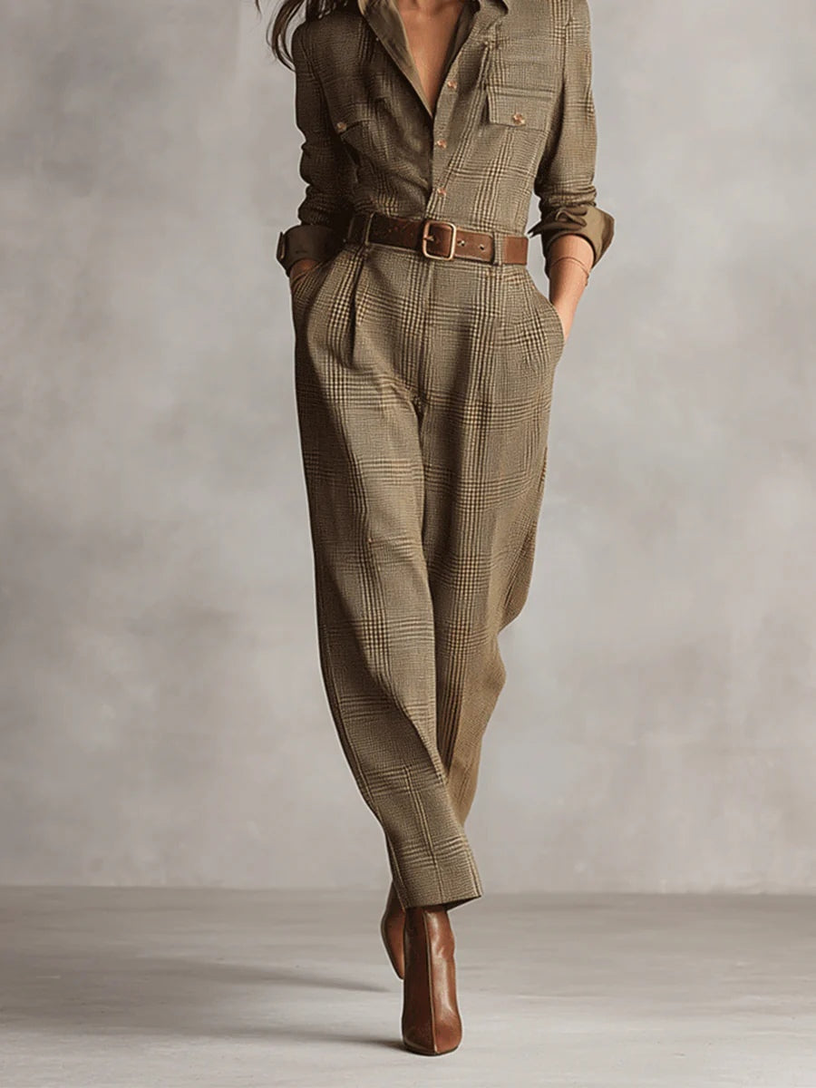 Mirabelle | Women's Tweed Check Belted Jumpsuit