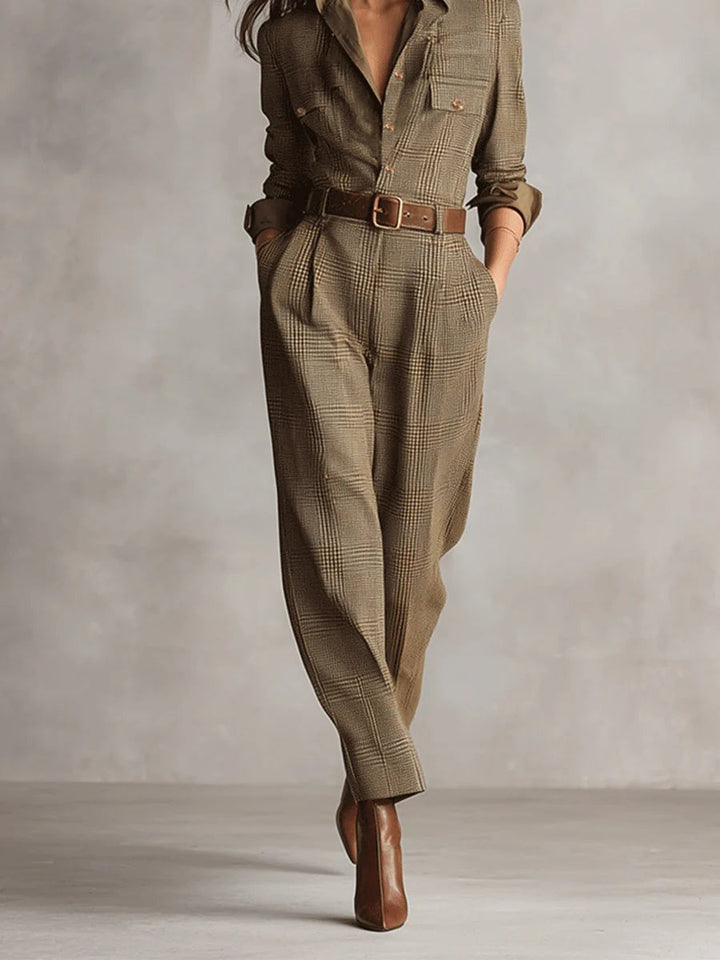 Mirabelle | Women's Tweed Check Belted Jumpsuit