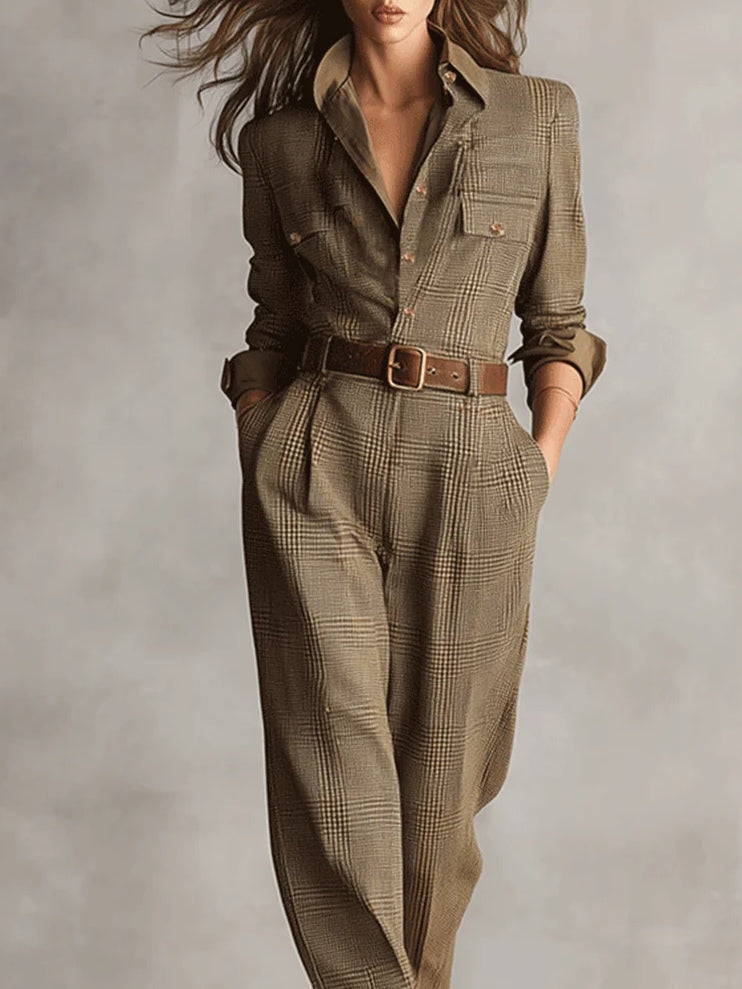 Mirabelle | Women's Tweed Check Belted Jumpsuit
