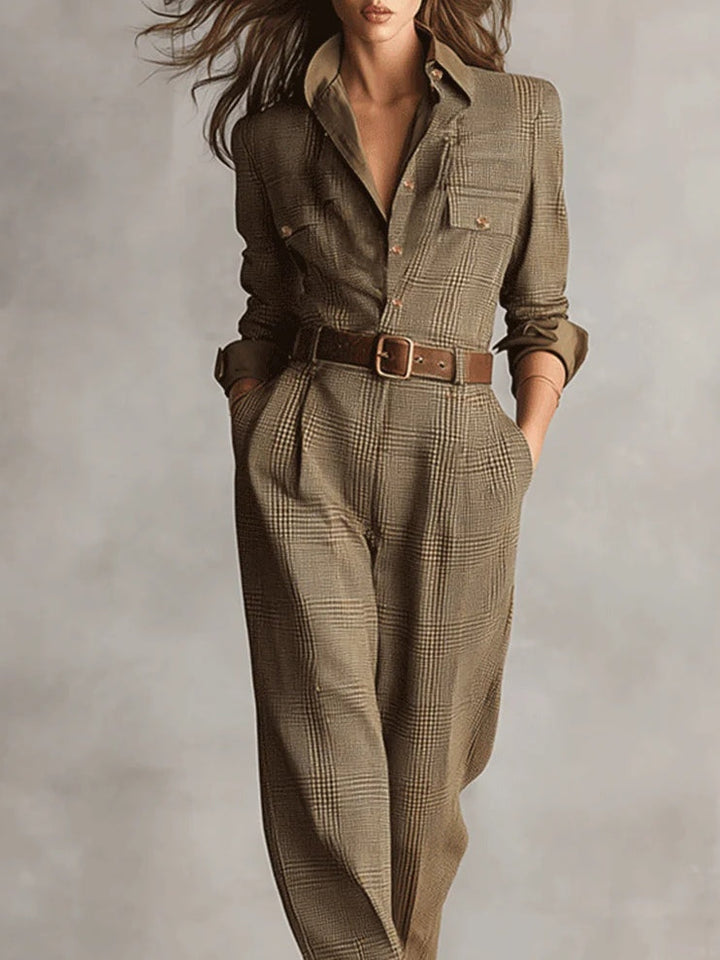 Mirabelle | Women's Tweed Check Belted Jumpsuit