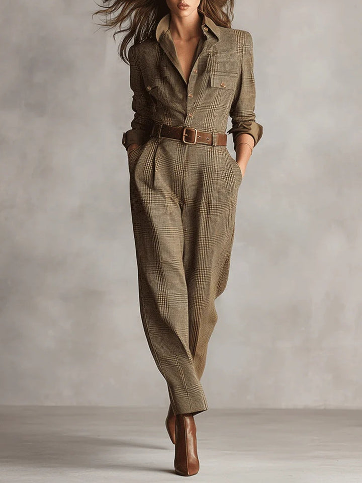 Mirabelle | Women's Tweed Check Belted Jumpsuit