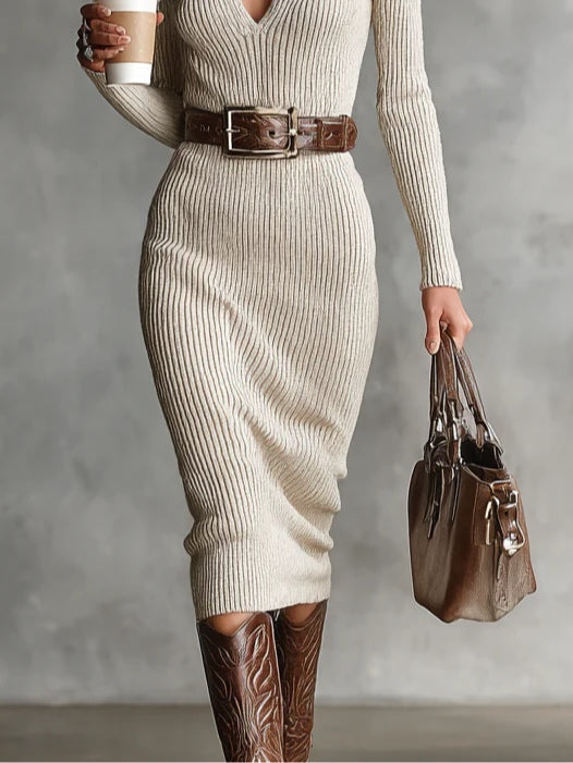 Gabriela | Women's Belted Mock Turtleneck Knit Midi Dress