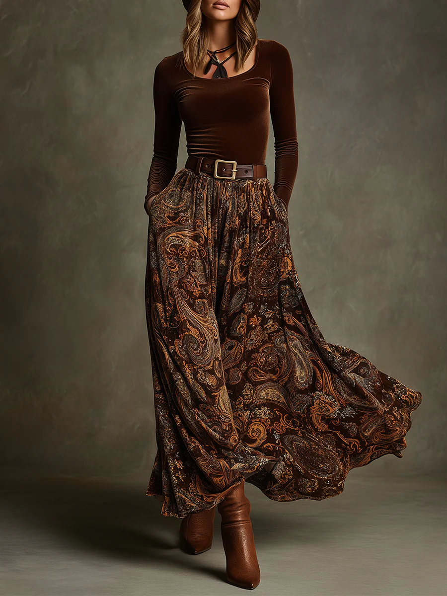 Penelope | Women's Velvet Top and Paisley Maxi Skirt Set
