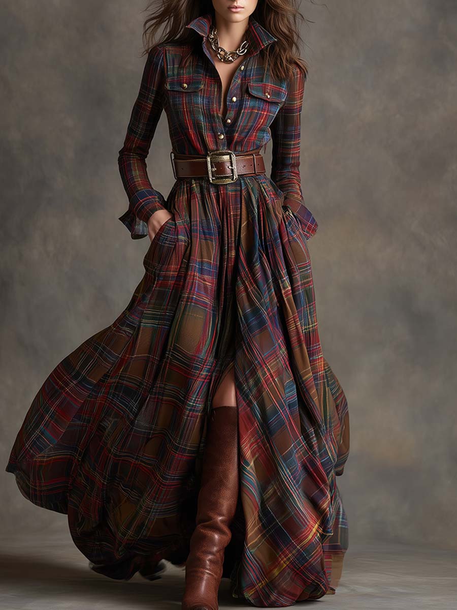 Violet | Women's Plaid Belted Maxi Shirt Dress